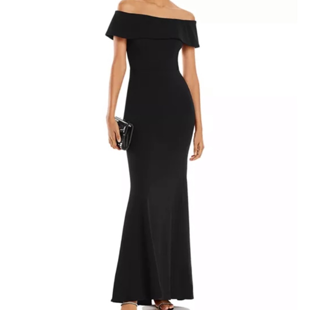 Aqua off the shoulder scuba crepe gown